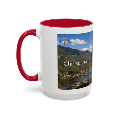 Chickasaw Warrior Statue Scenic Mug — Mythic Landscape Coffee Cup (11oz/15oz)