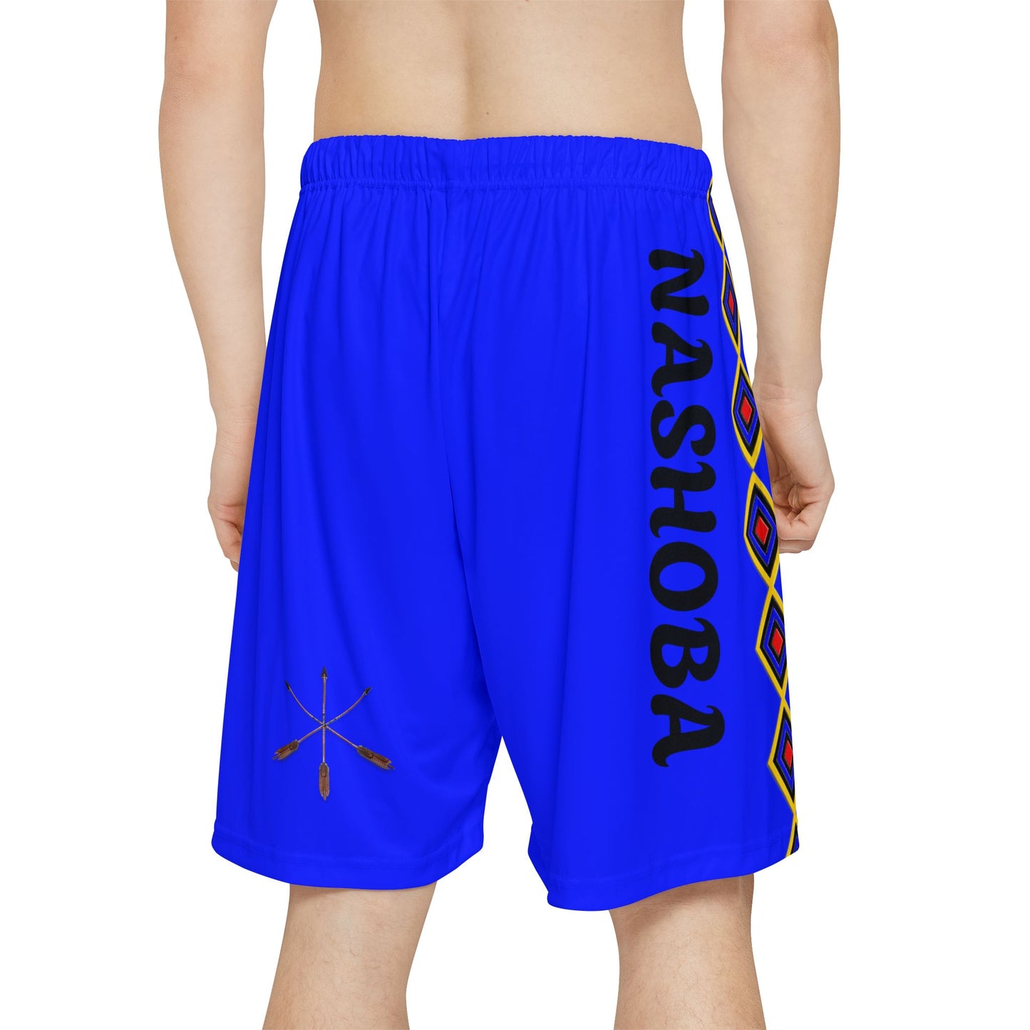 Blue Wolf Choctaw Graphic Sports Shorts — Red Tribal Print "NASHOBA" Athletic Shorts