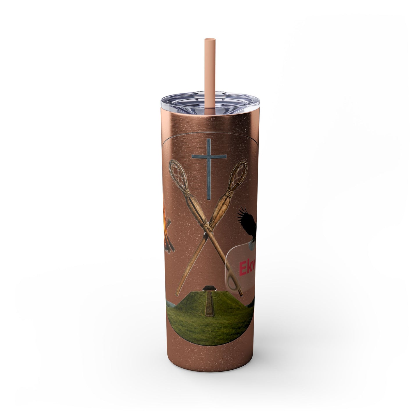Kialegee 20oz Skinny Tumbler — Faith & Outdoor Lacrosse Design with Cross, Sticks, Campfire