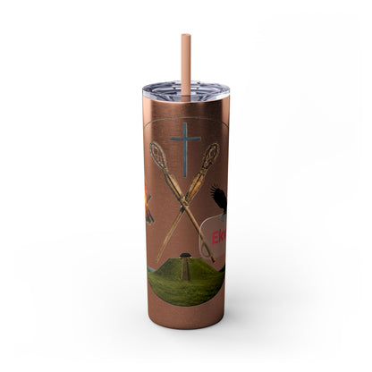 Kialegee 20oz Skinny Tumbler — Faith & Outdoor Lacrosse Design with Cross, Sticks, Campfire