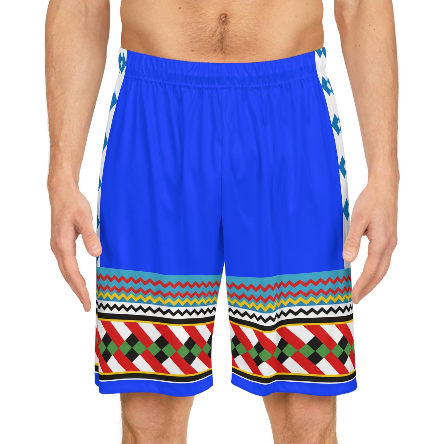 Blue Seminole Inspired Pattern Basketball Shorts — Colorful Geometric AOP Athletic Shorts