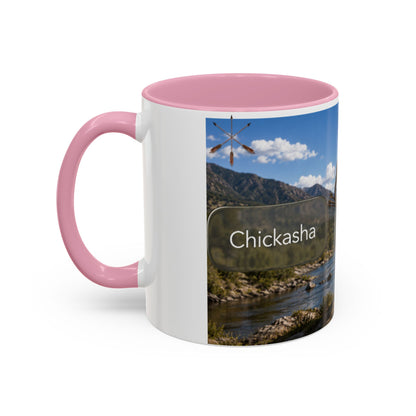 Chickasaw Warrior Statue Scenic Mug — Mythic Landscape Coffee Cup (11oz/15oz)