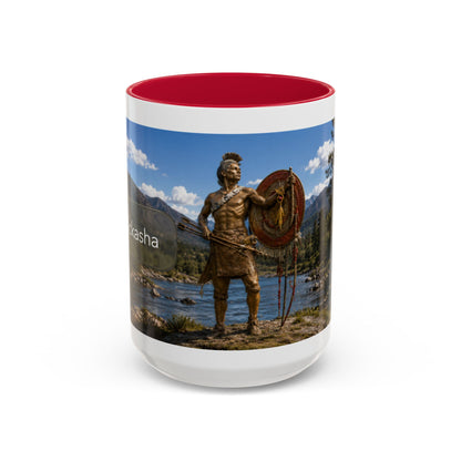 Chickasaw Warrior Statue Scenic Mug — Mythic Landscape Coffee Cup (11oz/15oz)