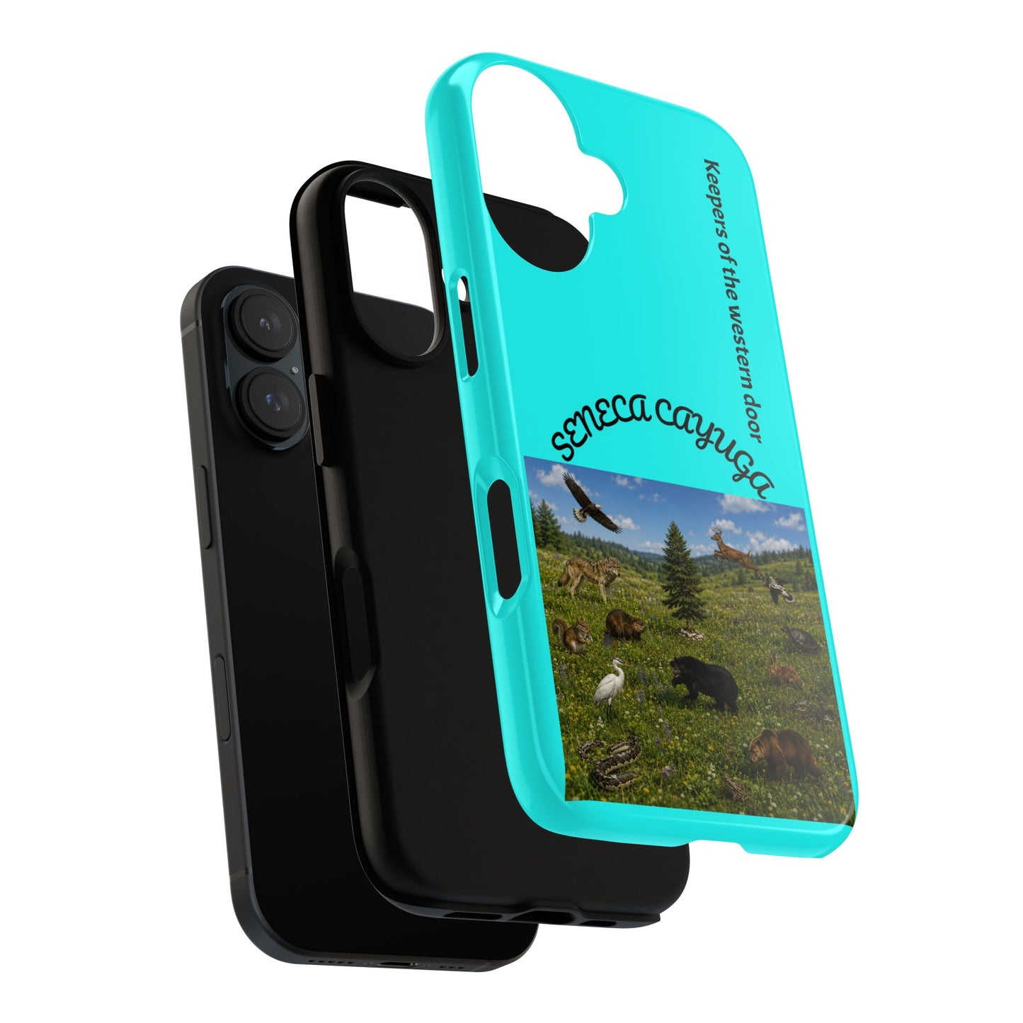 Seneca Cayuga Wildlife iPhone Case — "Keepers of the Western Door" Teal Protective Cover