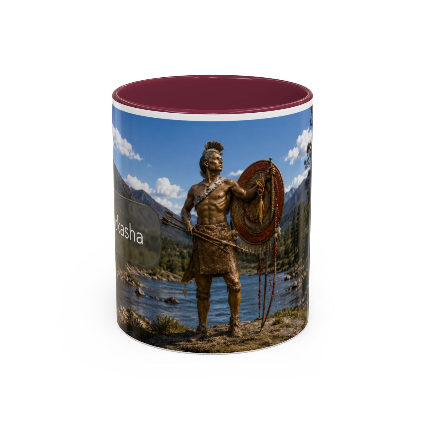 Chickasaw Warrior Statue Scenic Mug — Mythic Landscape Coffee Cup (11oz/15oz)