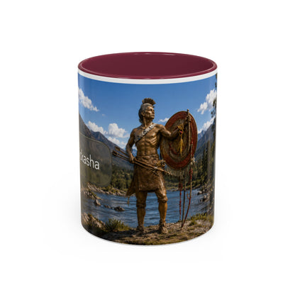Chickasaw Warrior Statue Scenic Mug — Mythic Landscape Coffee Cup (11oz/15oz)