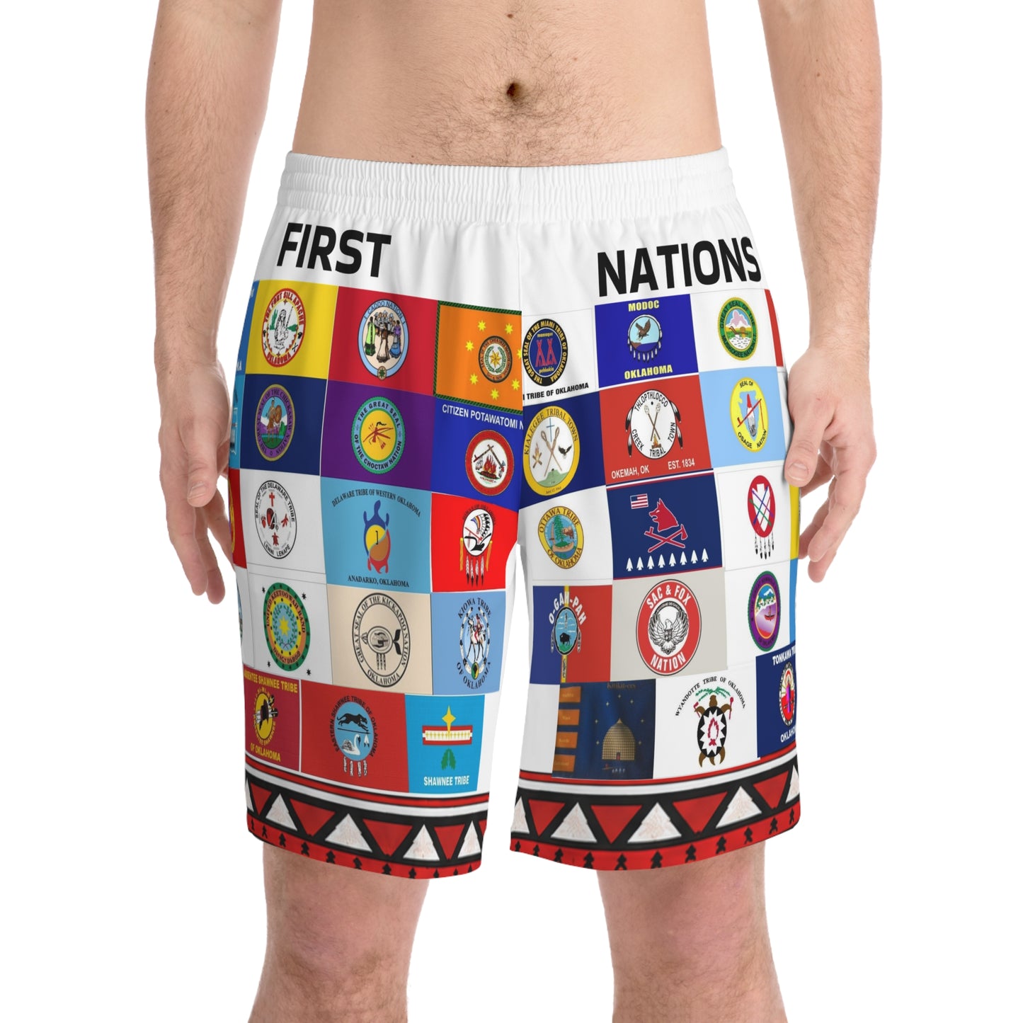 First Nations Flag Beach Shorts — Indigenous Tribal Emblems Swim Trunks