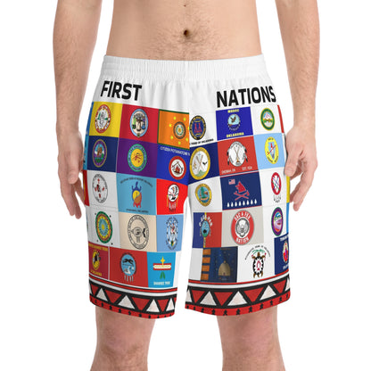 First Nations Flag Beach Shorts — Indigenous Tribal Emblems Swim Trunks