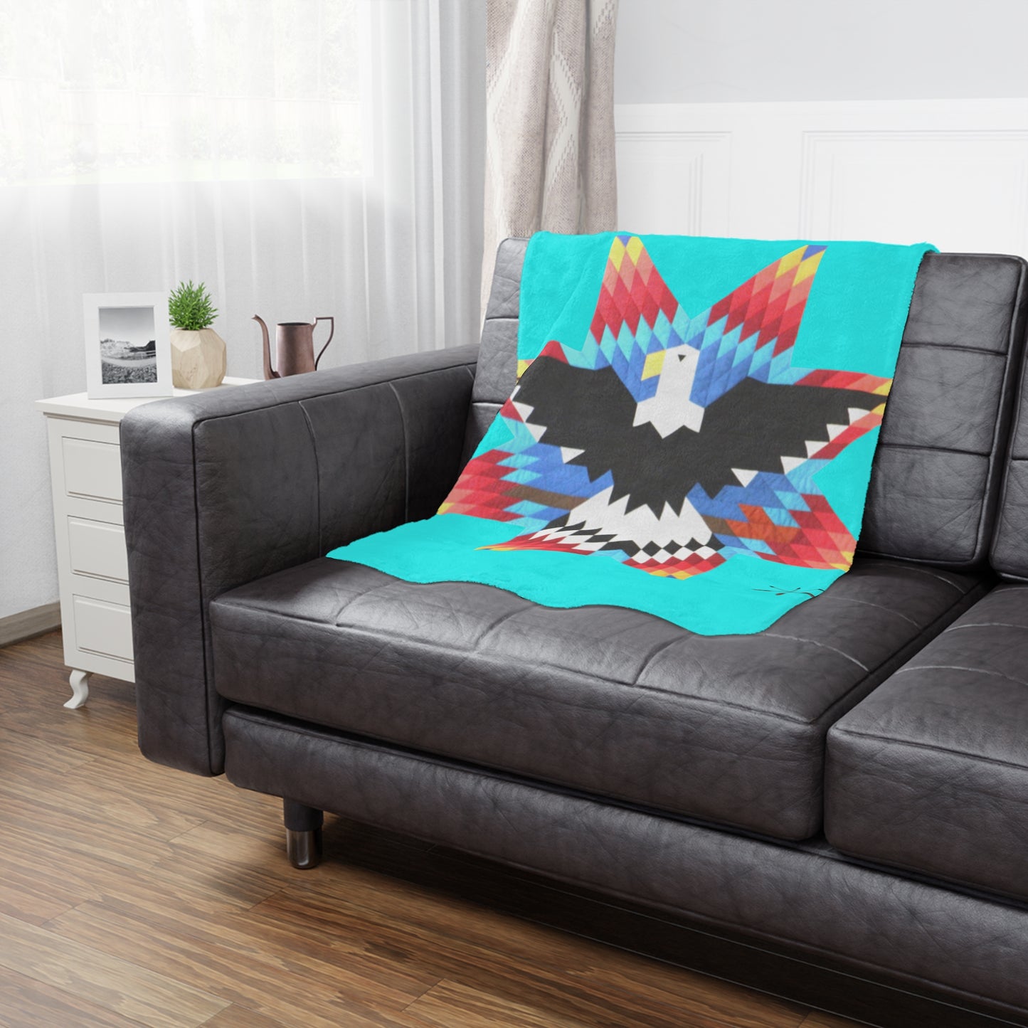 Turquoise Native Star Eagle Minky Blanket — Southwestern Geometric Throw
