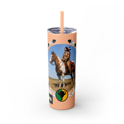 Kiowa Native Warrior on Horse 20oz Skinny Tumbler — Indigenous Heritage Travel Cup with Straw