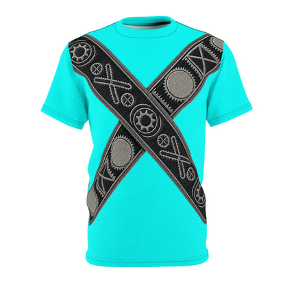 Bandolier Turquoise X Gear Tee — Industrial Steampunk Crossed Belt All-Over Print T‑Shirt