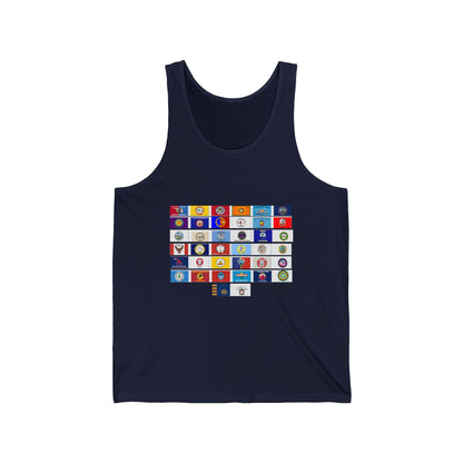 Flag Grid & Arrow Minimalist Tank Top — Graphic Travel & Adventure Muscle Tee