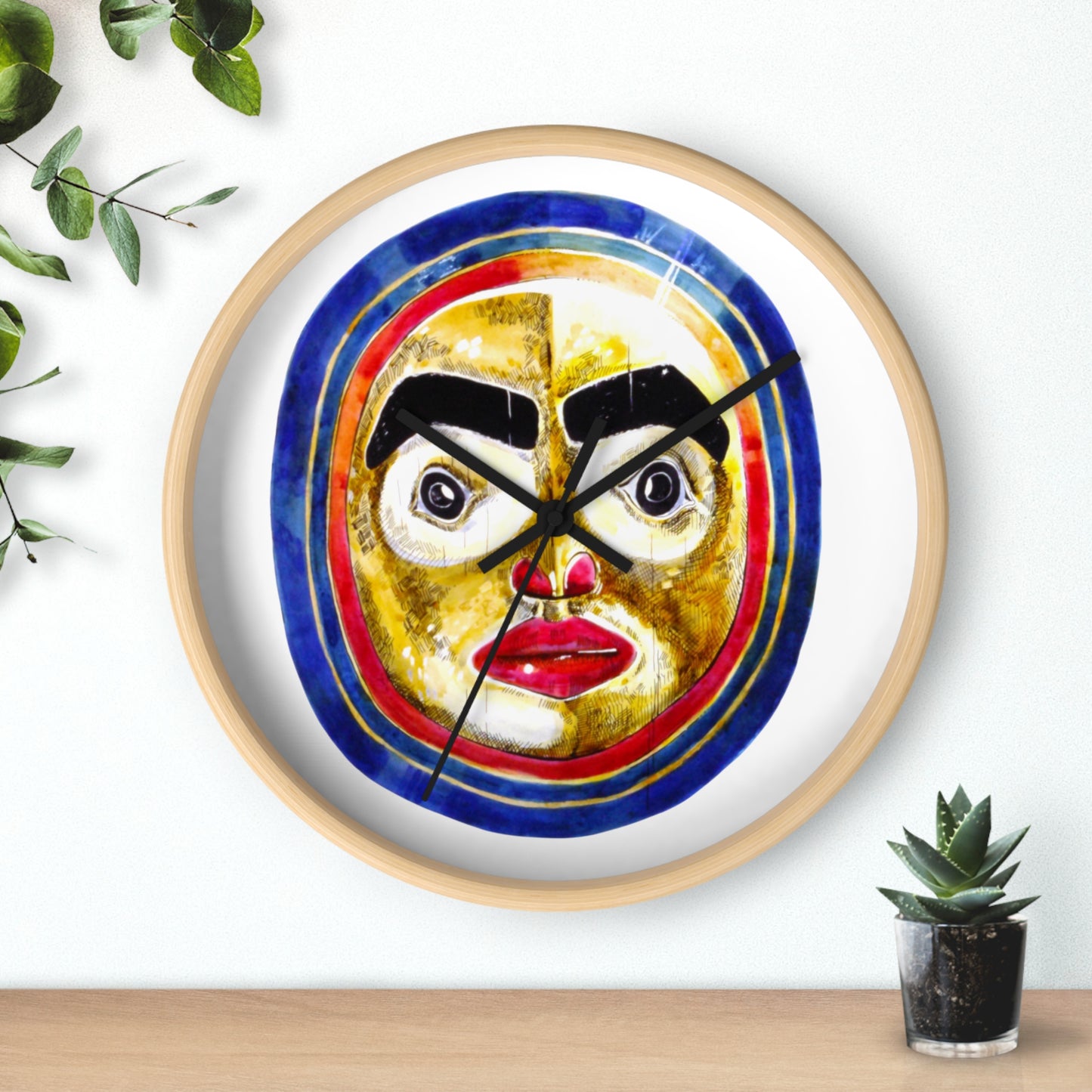 Moon Mask Art Wall Clock — Colorful Tribal Face Decor