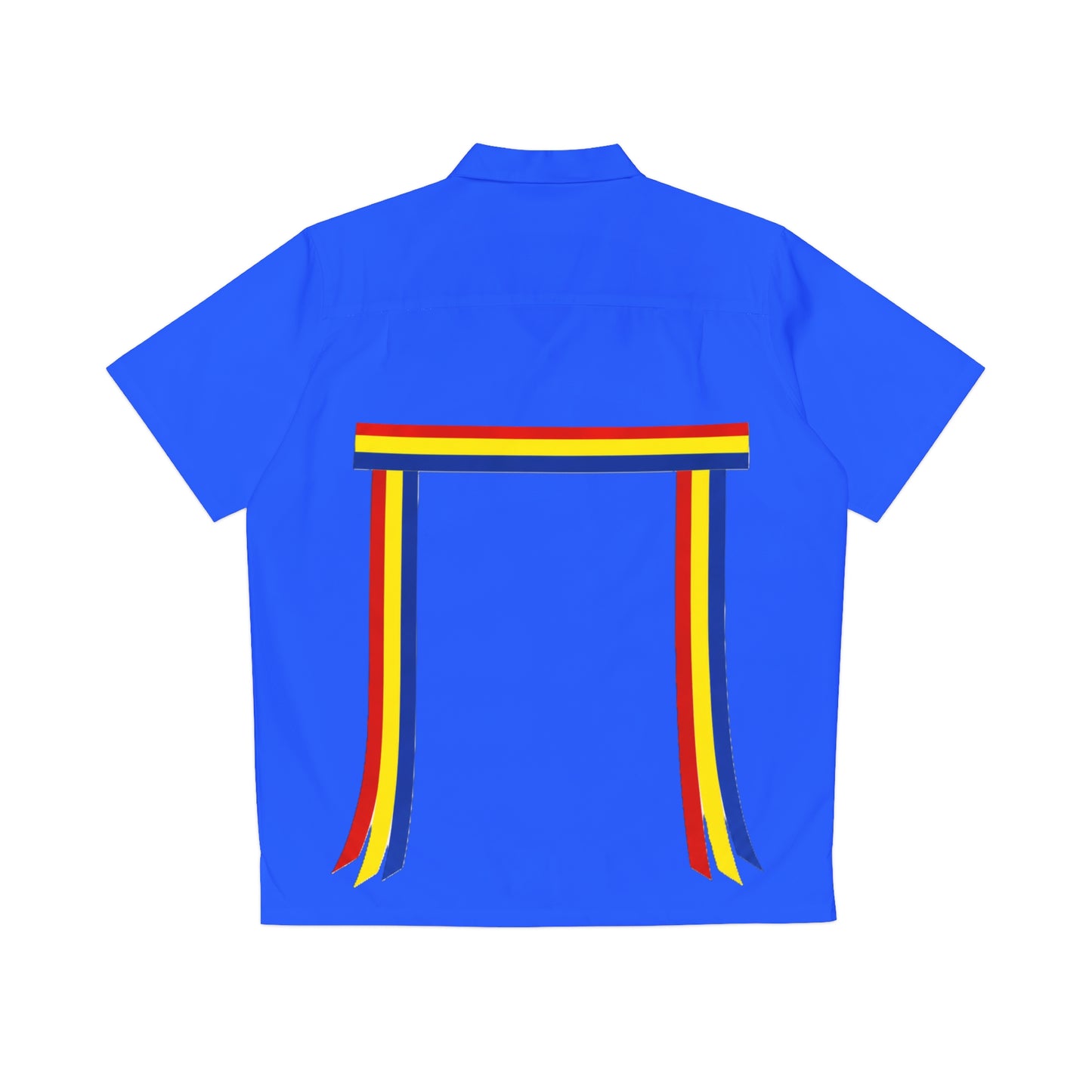 Ribbon Shirt inspired Blue Hawaiian Shirt with Rainbow Ribbon Trim — Men's Aloha Shirt