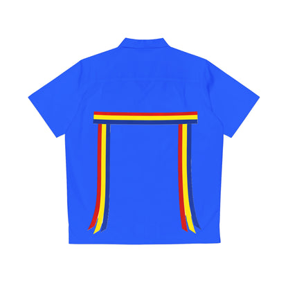 Ribbon Shirt inspired Blue Hawaiian Shirt with Rainbow Ribbon Trim — Men's Aloha Shirt