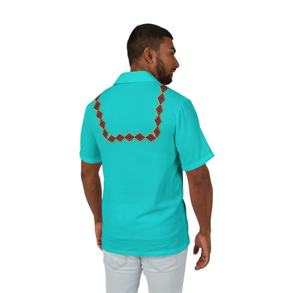 Men's Turquoise Hawaiian Camp Shirt with Geometric Embroidery Pattern