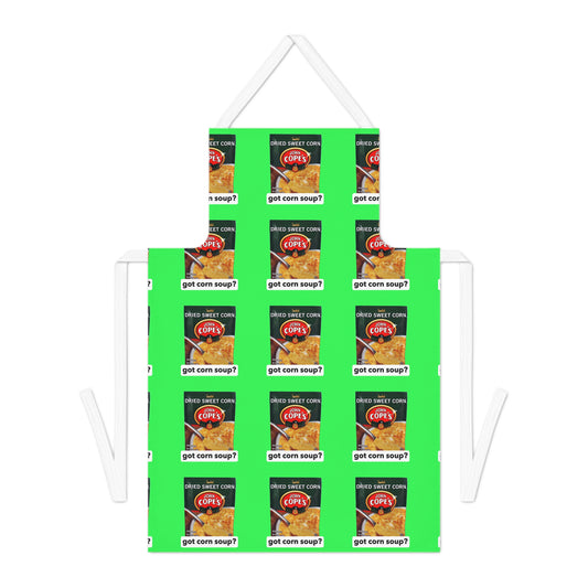 Copes Corn Apron — Retro Canned Sweet Corn Pattern on Bright Green