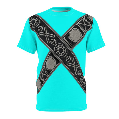 Bandolier Turquoise X Gear Tee — Industrial Steampunk Crossed Belt All-Over Print T‑Shirt