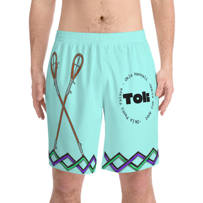 Toli Dist Aqua Paddle Swim Shorts — Personalized 'Toi' Beach Trunks with Geometric Trim