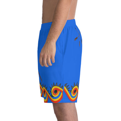 Men's Beach Shorts — Blue Surf Pattern with Paddle & Retro Wave Border