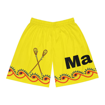 Wind Choctaw Basketball Shorts — Bright Yellow Tribal Lacrosse Graphic AOP