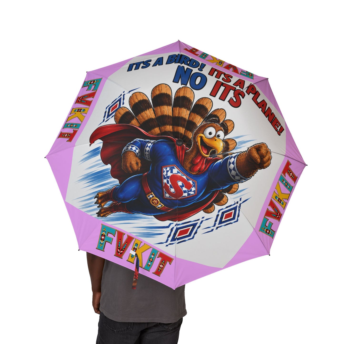Turkey Foldable Umbrella — Colorful Cartoon Turkey ‘My Body! It’s a Plane? No It’s’ Novelty Travel Umbrella