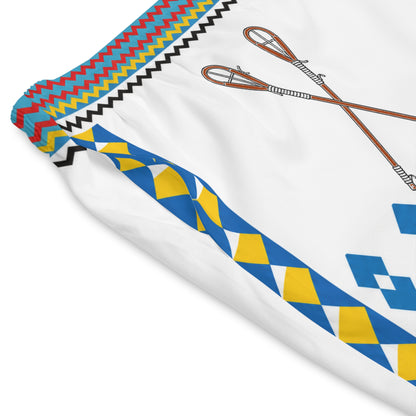 Seminole Tribal Paddle Pattern Men's Beach Shorts — White Geometric AOP Swim Trunks