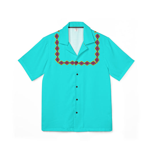 Men's Turquoise Hawaiian Camp Shirt with Geometric Embroidery Pattern
