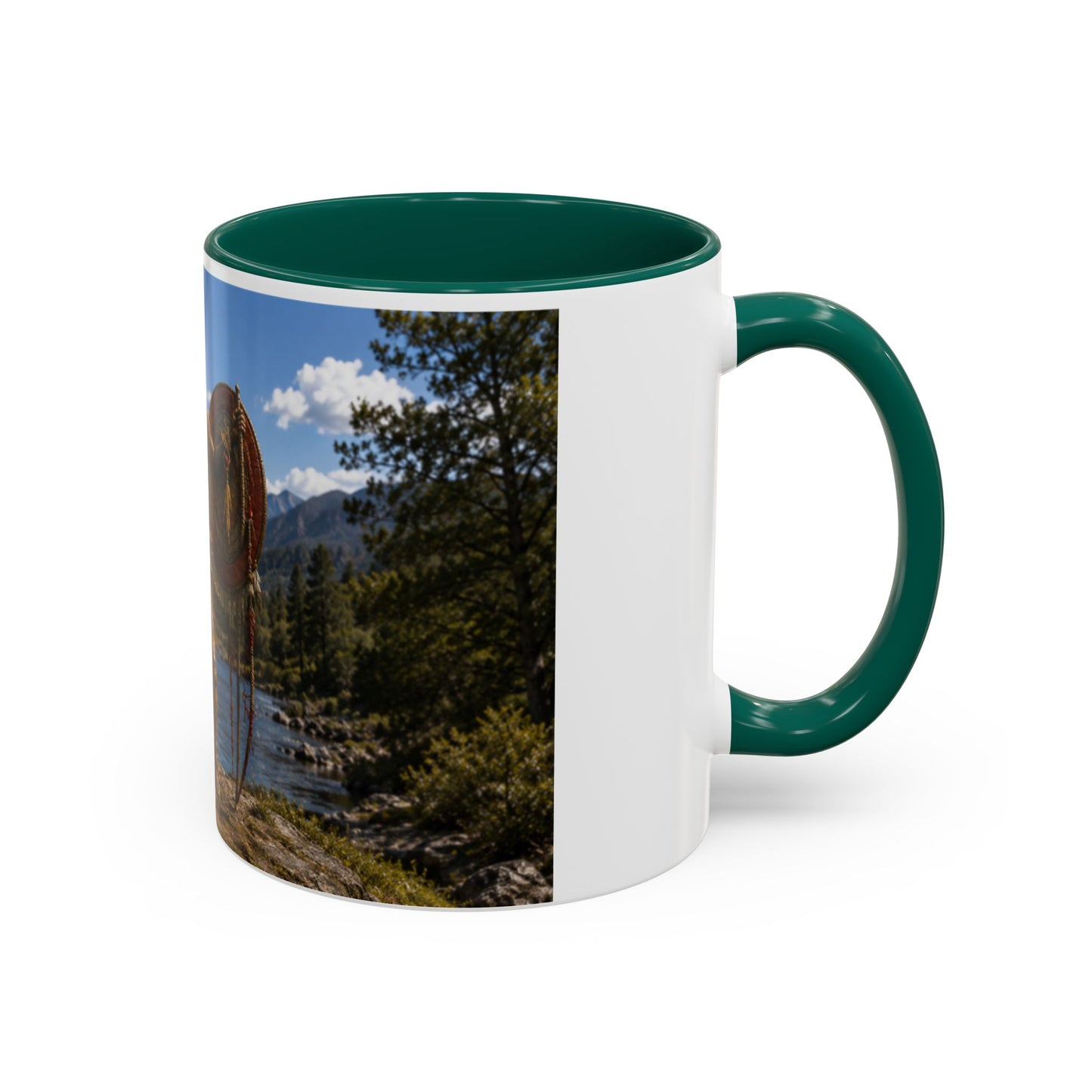 Chickasaw Warrior Statue Scenic Mug — Mythic Landscape Coffee Cup (11oz/15oz)