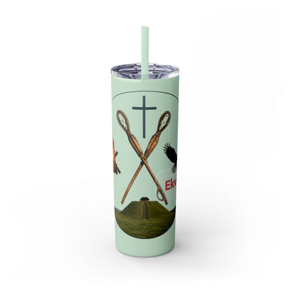 Kialegee 20oz Skinny Tumbler — Faith & Outdoor Lacrosse Design with Cross, Sticks, Campfire