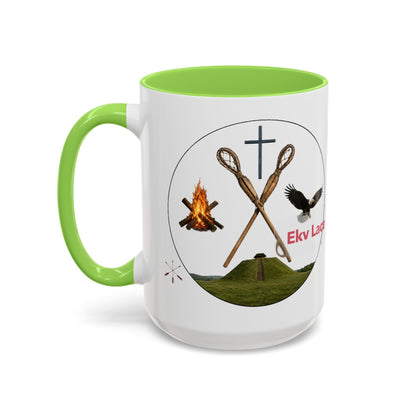 Kialegee Adventure Mug — 'Ekv Lace' Cross, Eagle & Campfire Ceramic Coffee Cup (11oz/15oz)