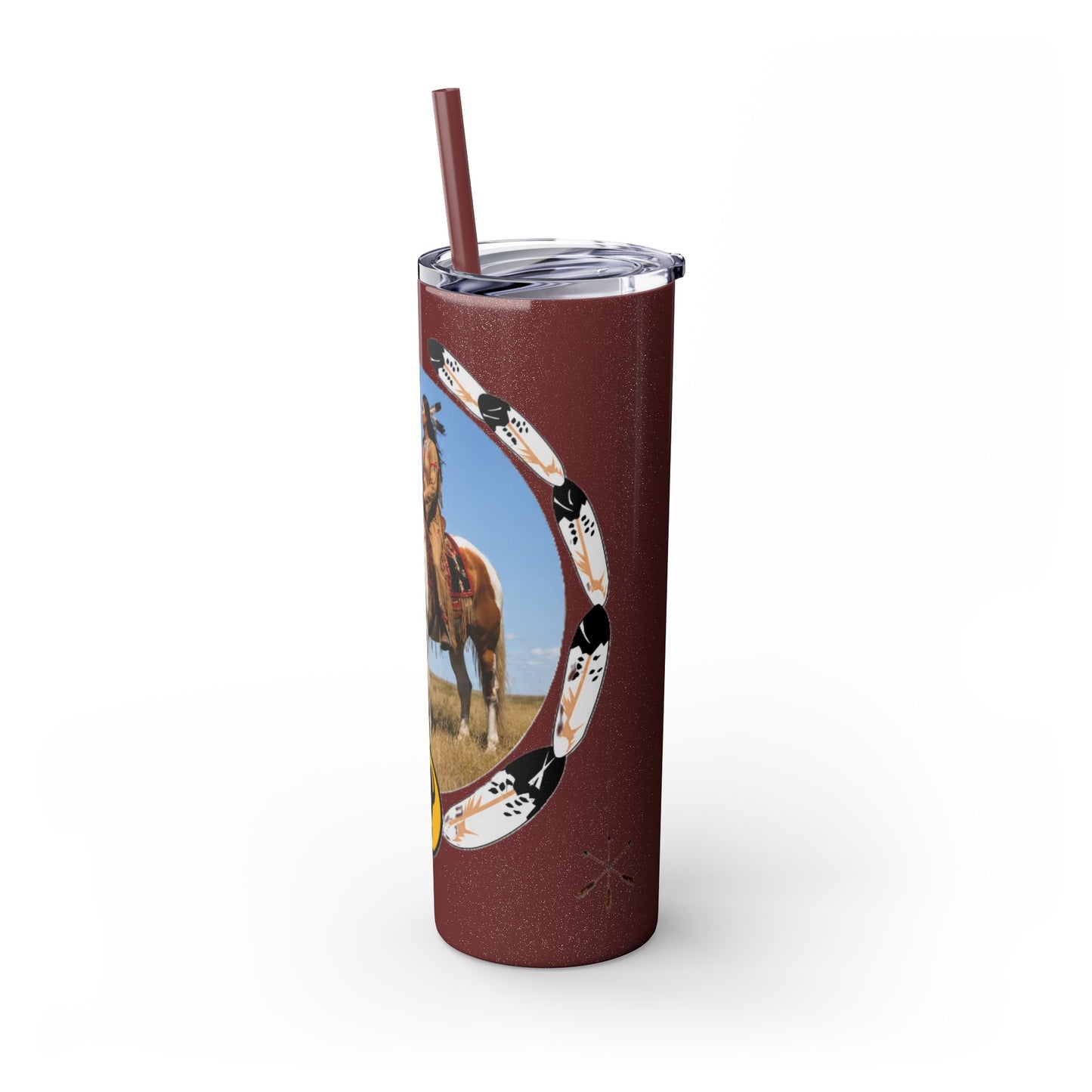 Kiowa Native Warrior on Horse 20oz Skinny Tumbler — Indigenous Heritage Travel Cup with Straw