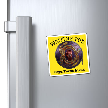 Waiting For Capt. Turtle Island Magnet – Yellow Novelty Fridge Magnet with Emblem
