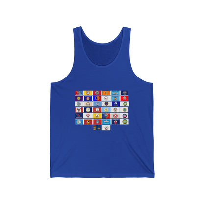 Flag Grid & Arrow Minimalist Tank Top — Graphic Travel & Adventure Muscle Tee