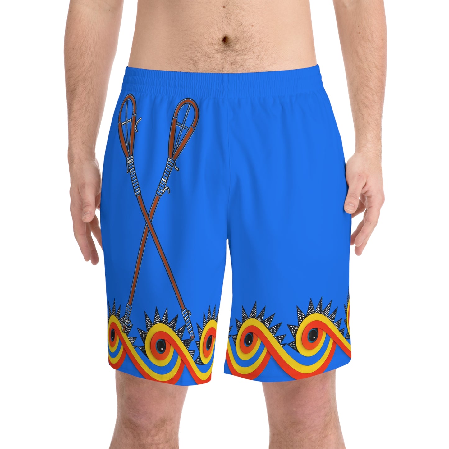 Men's Beach Shorts — Blue Surf Pattern with Paddle & Retro Wave Border
