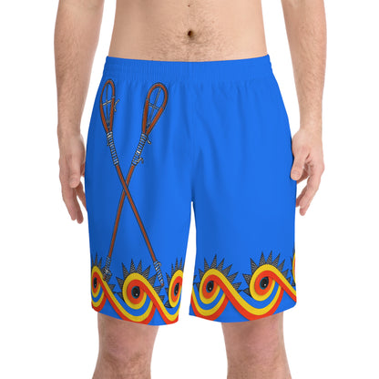 Men's Beach Shorts — Blue Surf Pattern with Paddle & Retro Wave Border