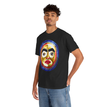Moon Mask Art Tee — Colorful Surreal Face Graphic T-Shirt