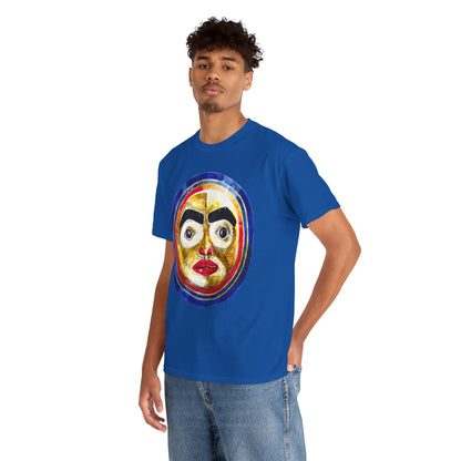 Moon Mask Art Tee — Colorful Surreal Face Graphic T-Shirt
