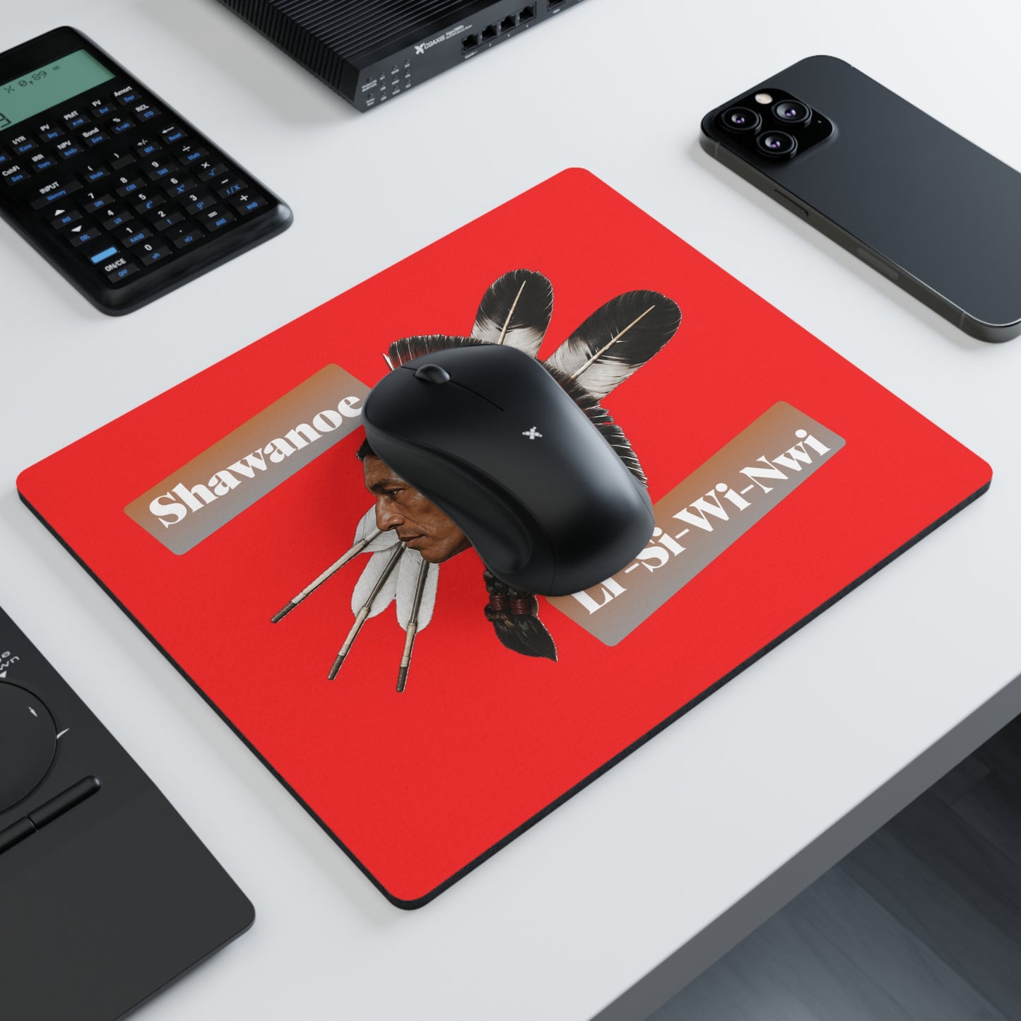 Absentee Shawnee Shawanoe Li-Si-Wi-Nwi Native Headdress Rectangular Mouse Pad — Red Tribal Desk Mat