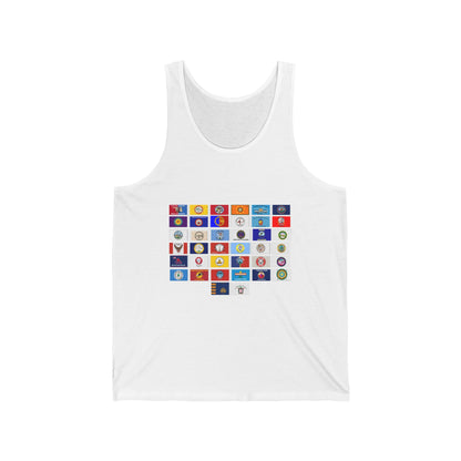 Flag Grid & Arrow Minimalist Tank Top — Graphic Travel & Adventure Muscle Tee