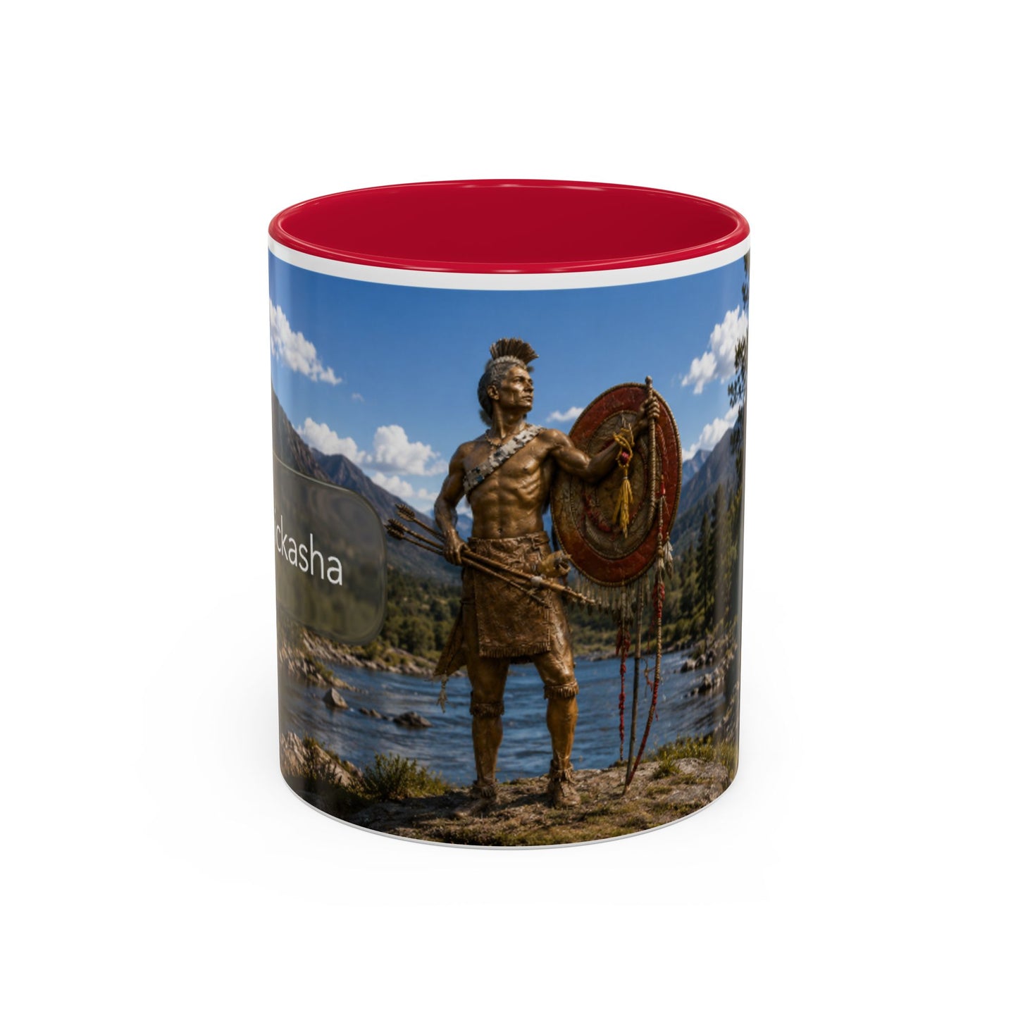 Chickasaw Warrior Statue Scenic Mug — Mythic Landscape Coffee Cup (11oz/15oz)