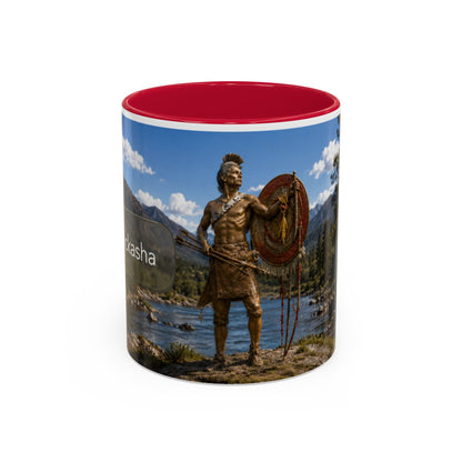 Chickasaw Warrior Statue Scenic Mug — Mythic Landscape Coffee Cup (11oz/15oz)