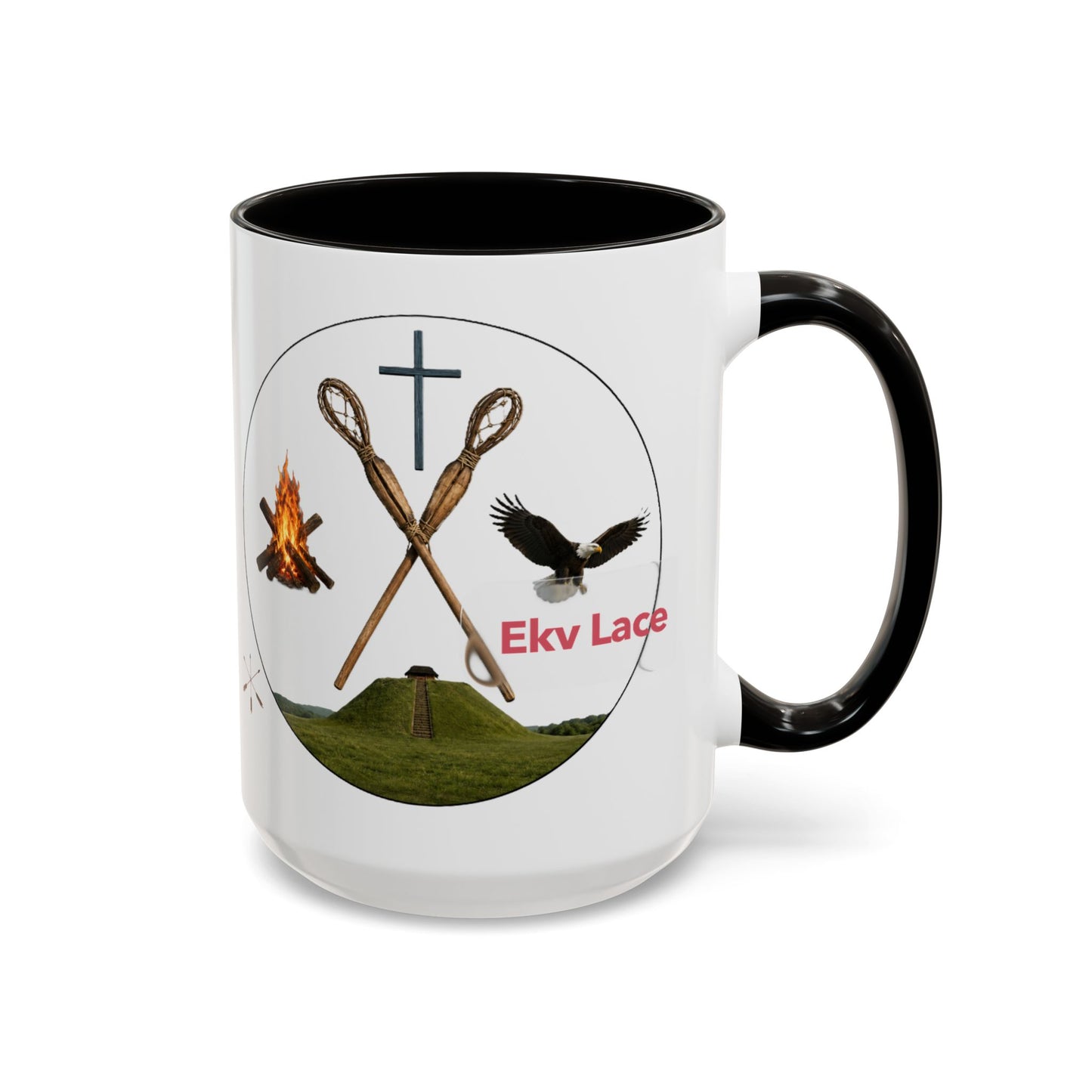 Kialegee Adventure Mug — 'Ekv Lace' Cross, Eagle & Campfire Ceramic Coffee Cup (11oz/15oz)