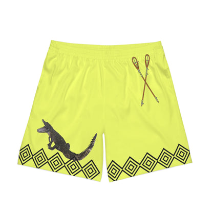 Mvskoke Alligator Beach Shorts — Neon Yellow Men’s Swim Trunks