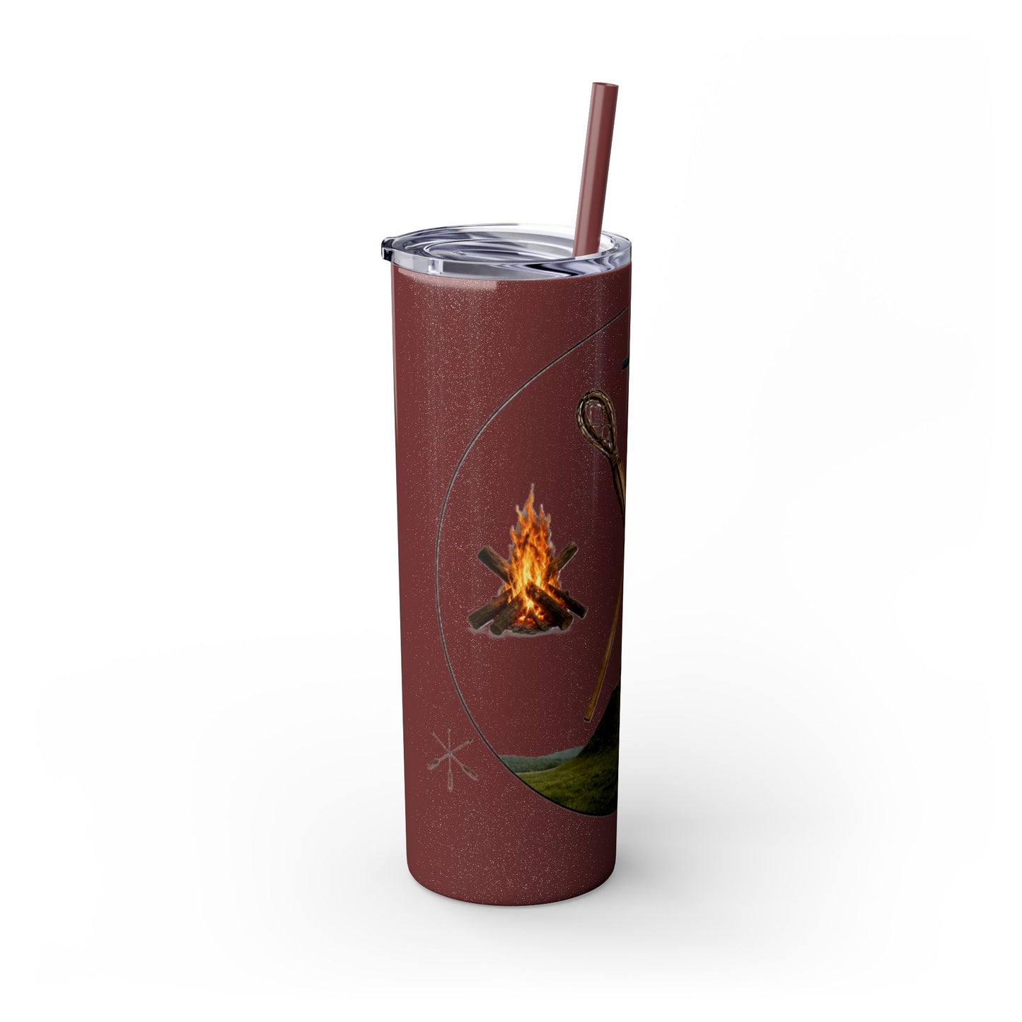 Kialegee 20oz Skinny Tumbler — Faith & Outdoor Lacrosse Design with Cross, Sticks, Campfire
