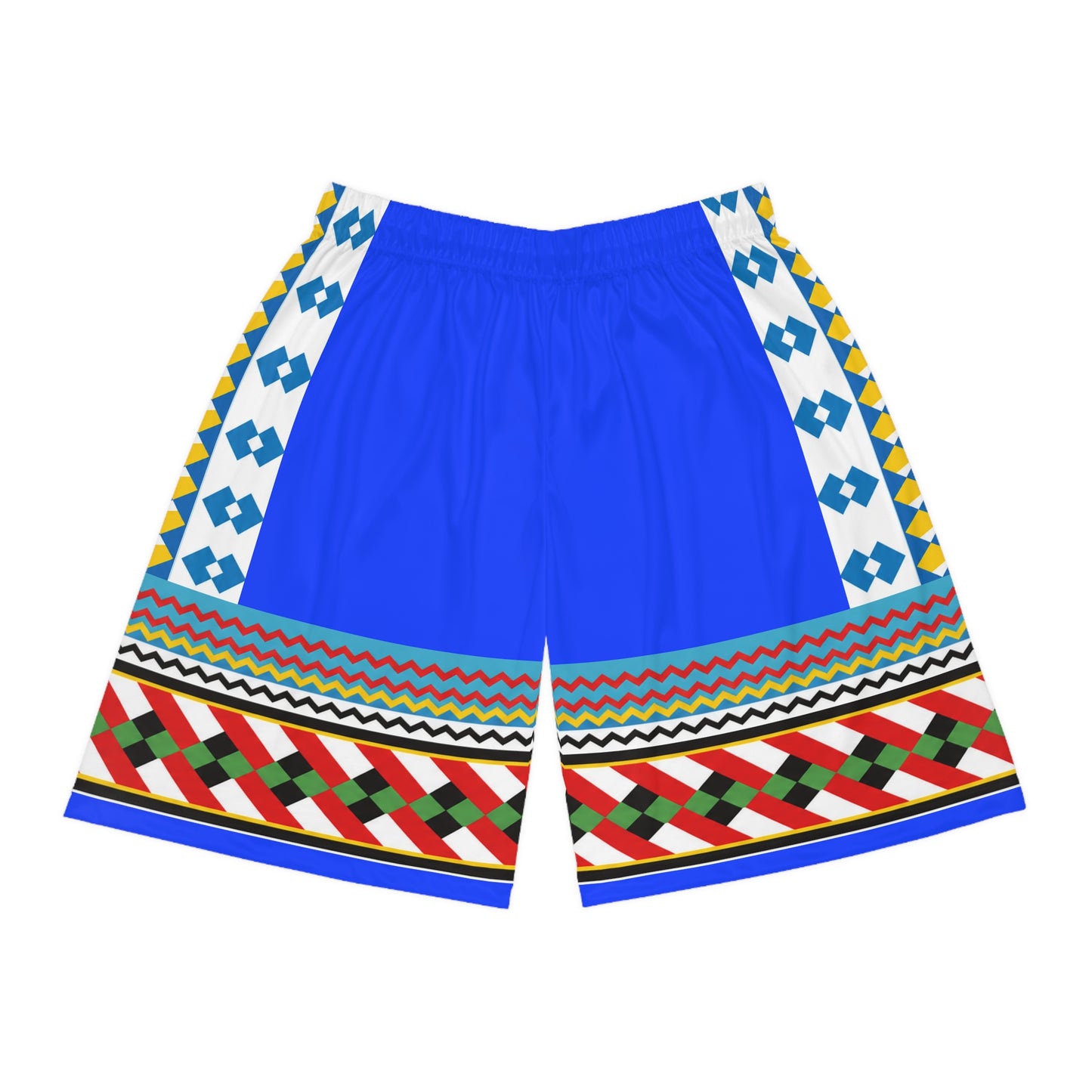 Blue Seminole Inspired Pattern Basketball Shorts — Colorful Geometric AOP Athletic Shorts