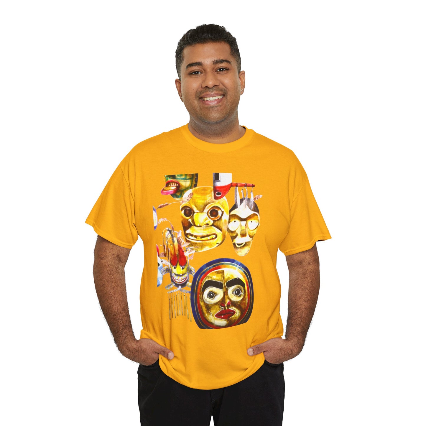 Mask Print Tee — Tribal Mask Artwork T‑Shirt with Arrow Backprint