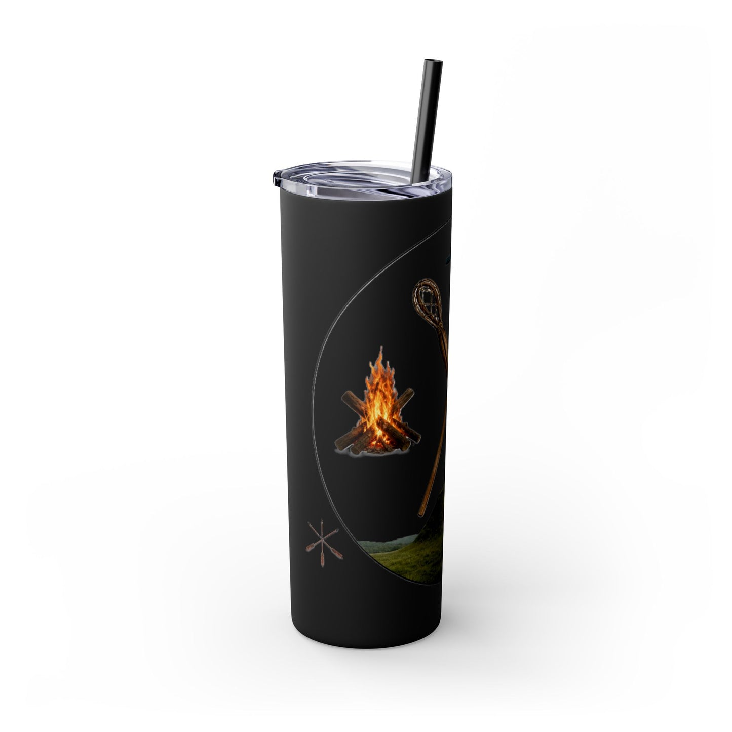 Kialegee 20oz Skinny Tumbler — Faith & Outdoor Lacrosse Design with Cross, Sticks, Campfire