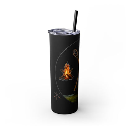 Kialegee 20oz Skinny Tumbler — Faith & Outdoor Lacrosse Design with Cross, Sticks, Campfire