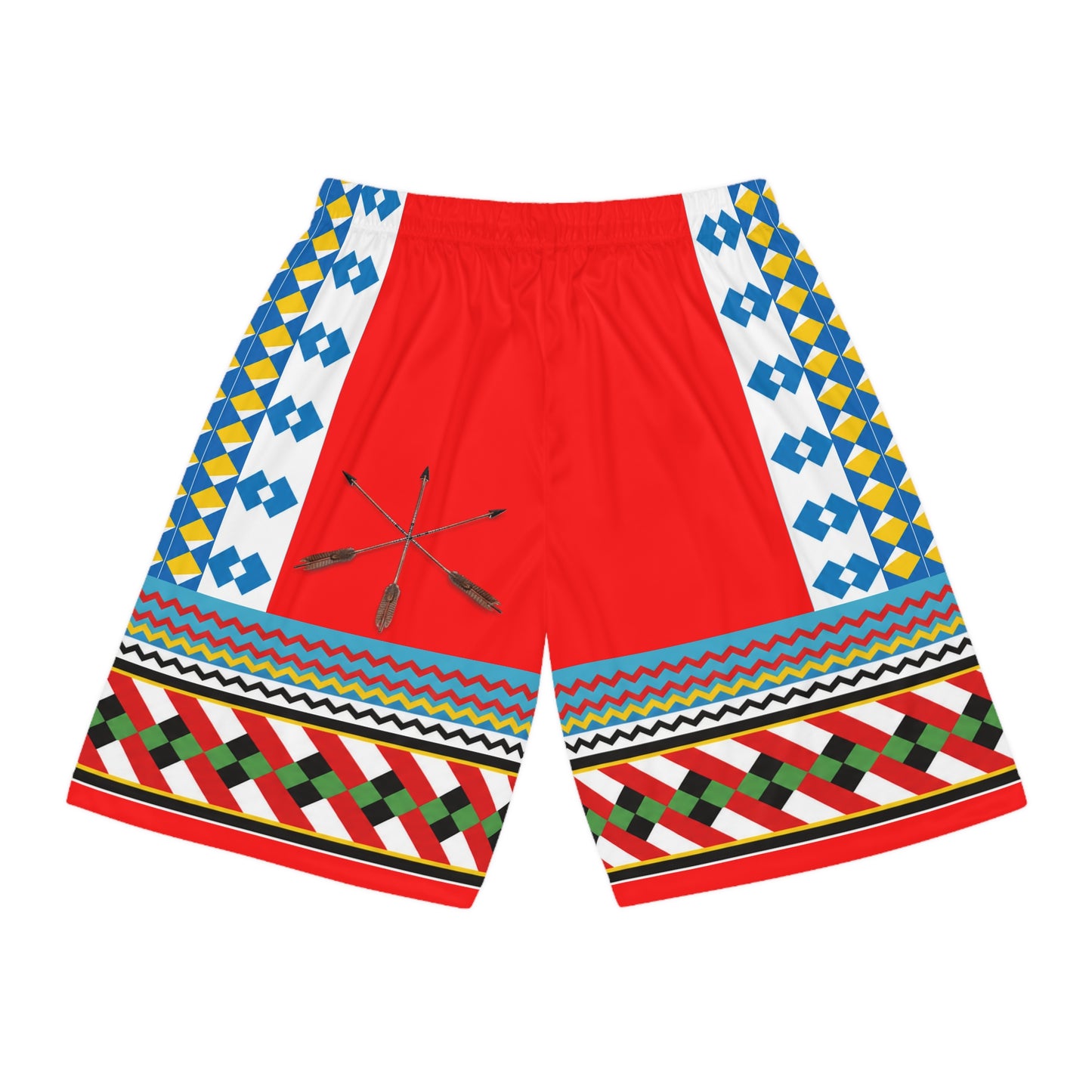 Red Seminole Inspired Pattern Basketball Shorts — Colorful Geometric AOP Athletic Shorts
